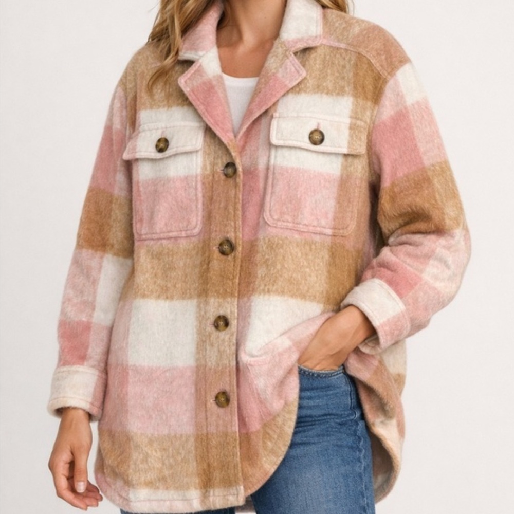 Old Navy Flannel Long Utility Shacket Pink and Tan Plaid Jacket size large